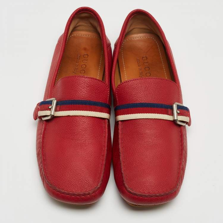 Pre Owned Gucci Red Leather Web Buckle Loafers Size 43