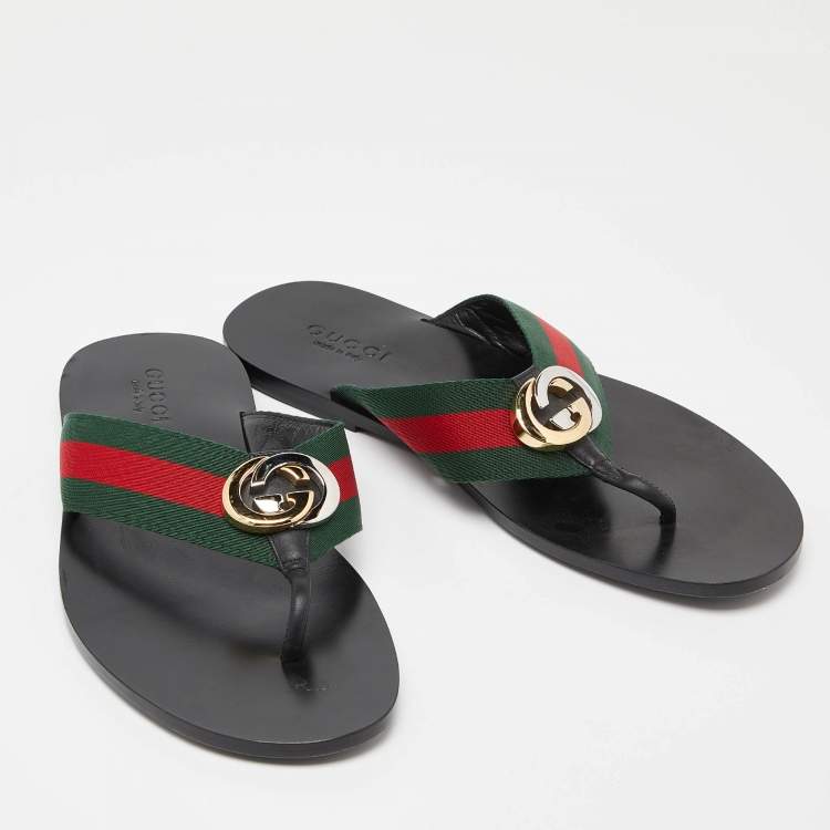 Pre Owned Gucci Black Leather GG Thong Slipper Sandals Size 43