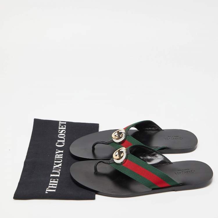 Pre Owned Gucci Black Leather GG Thong Slipper Sandals Size 43