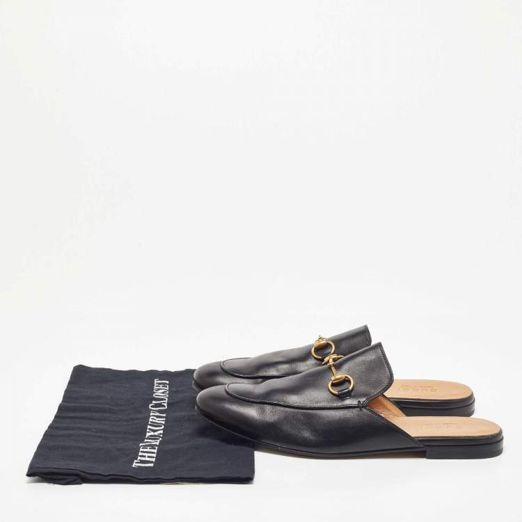 Pre Owned Gucci Black Leather Horsebit Princetown Flat Mules Size 42.5