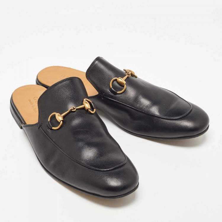 Pre Owned Gucci Black Leather Horsebit Princetown Flat Mules Size 42.5