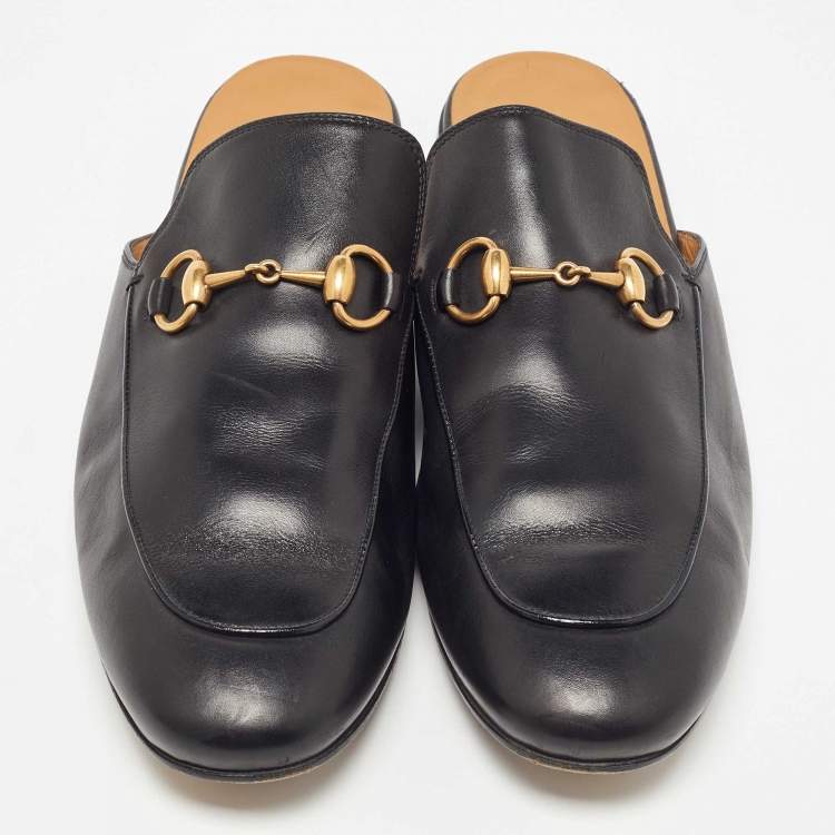 Pre Owned Gucci Black Leather Horsebit Princetown Flat Mules Size 42.5