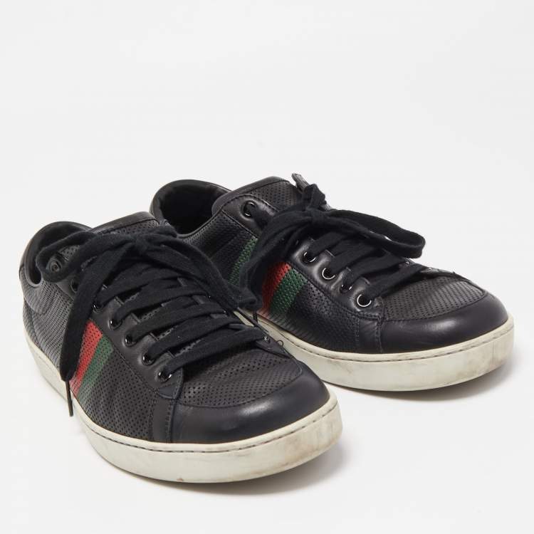 Pre Owned Gucci Black Perforated Leather Web Detail Low Top Sneakers Size 42.5