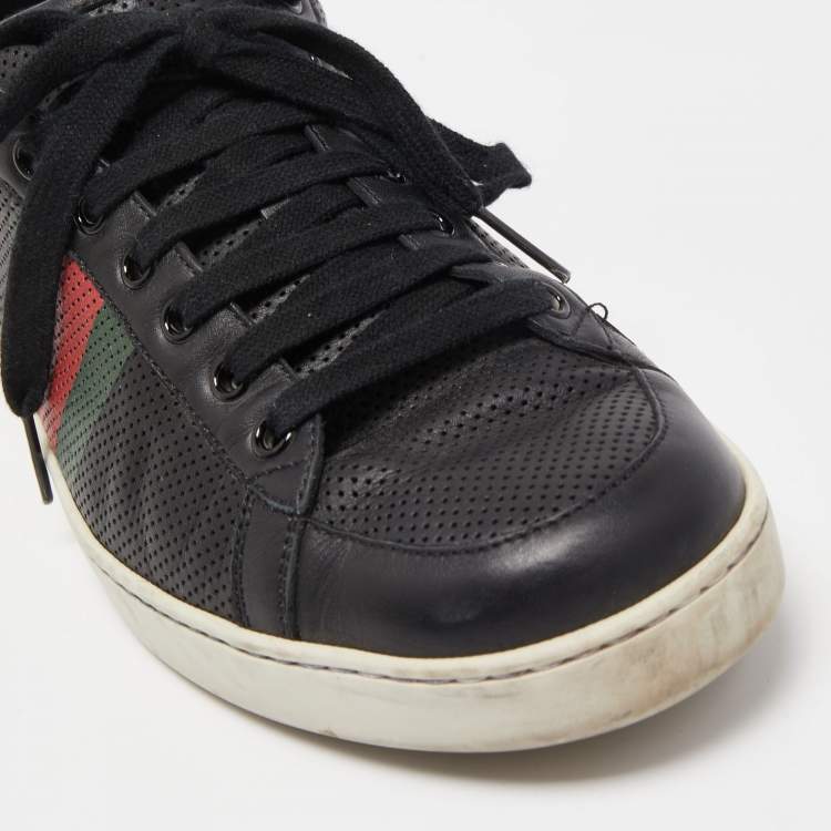 Pre Owned Gucci Black Perforated Leather Web Detail Low Top Sneakers Size 42.5