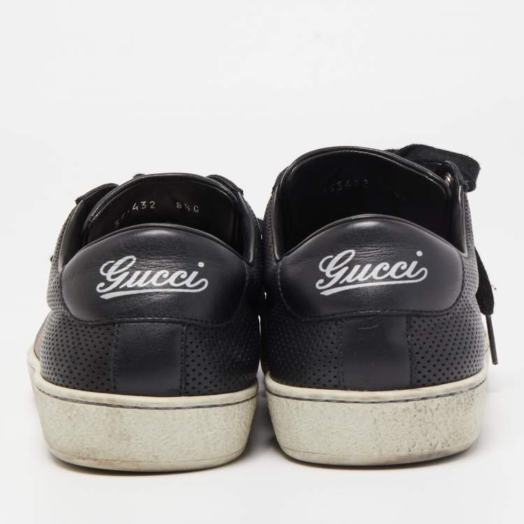 Pre Owned Gucci Black Perforated Leather Web Detail Low Top Sneakers Size 42.5
