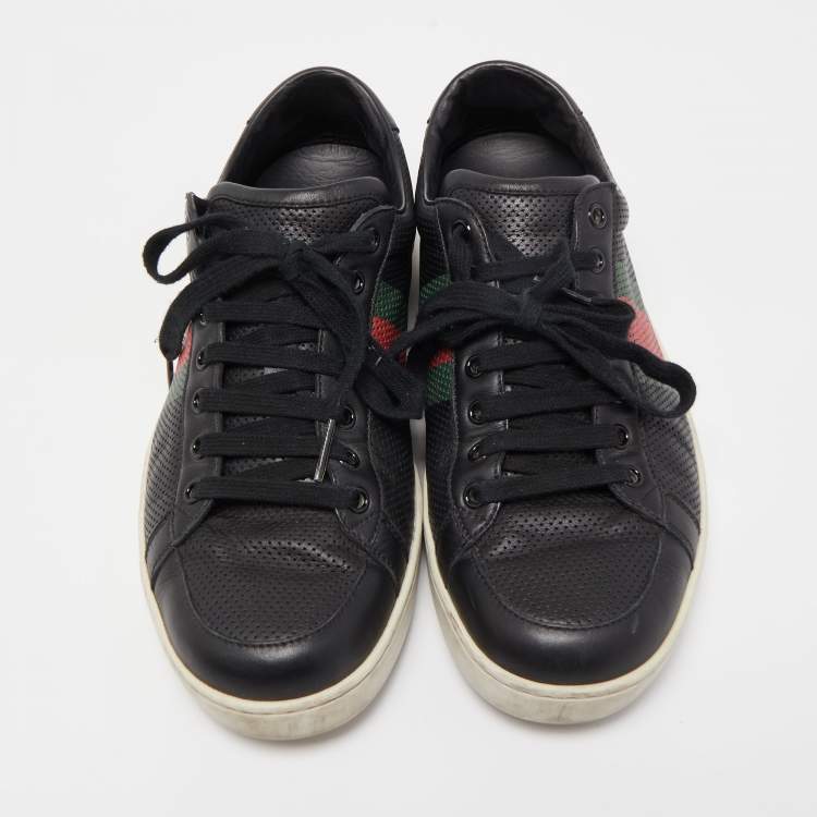 Pre Owned Gucci Black Perforated Leather Web Detail Low Top Sneakers Size 42.5