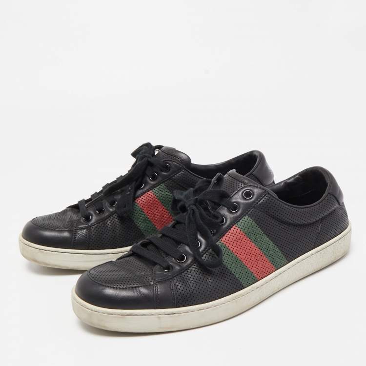Pre Owned Gucci Black Perforated Leather Web Detail Low Top Sneakers Size 42.5
