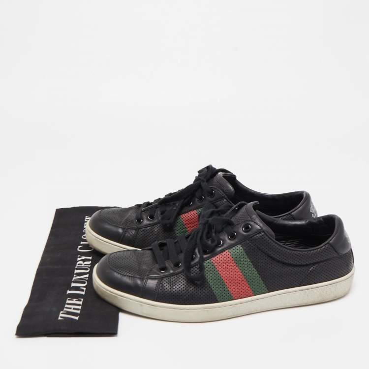 Pre Owned Gucci Black Perforated Leather Web Detail Low Top Sneakers Size 42.5