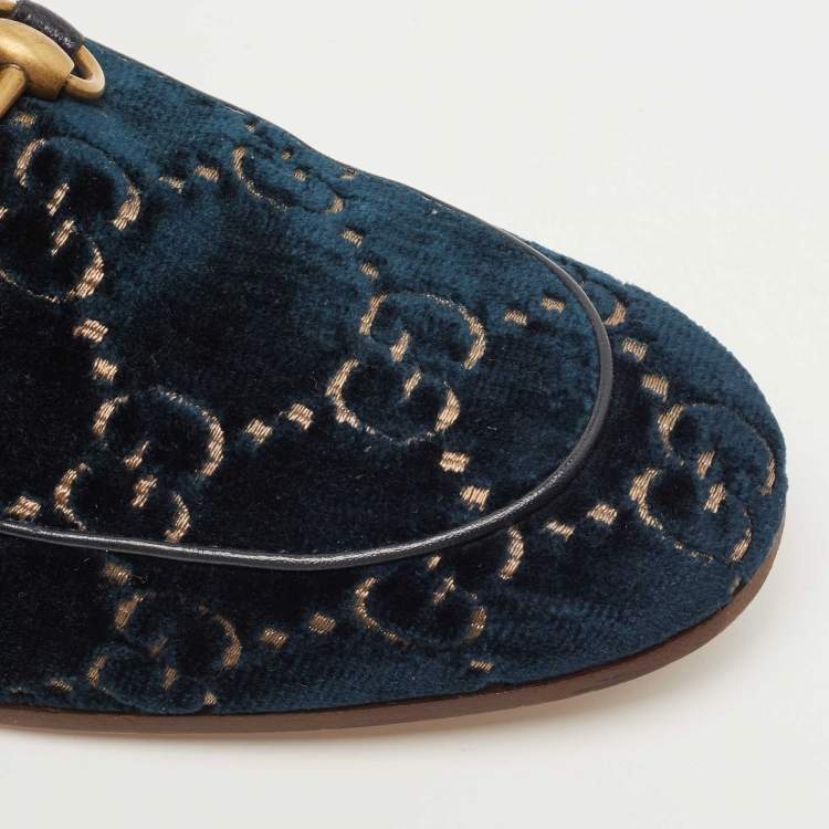 Pre Owned Gucci Dark Green GG Velvet Horsebit Slip On Loafers Size 41.5