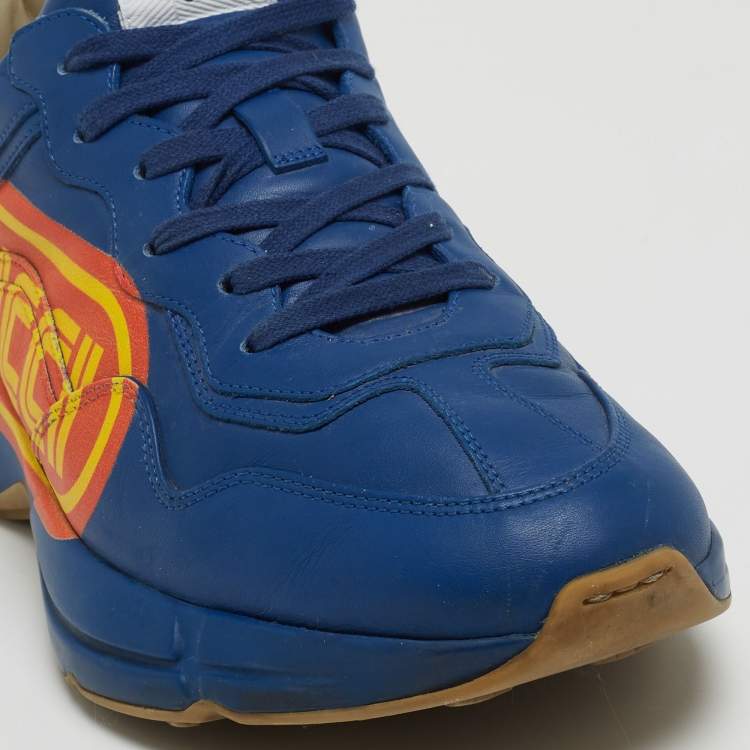 مملوكة مسبقًا Gucci Blue Leather Logo Rhyton Low-Top Sneakers Size 42