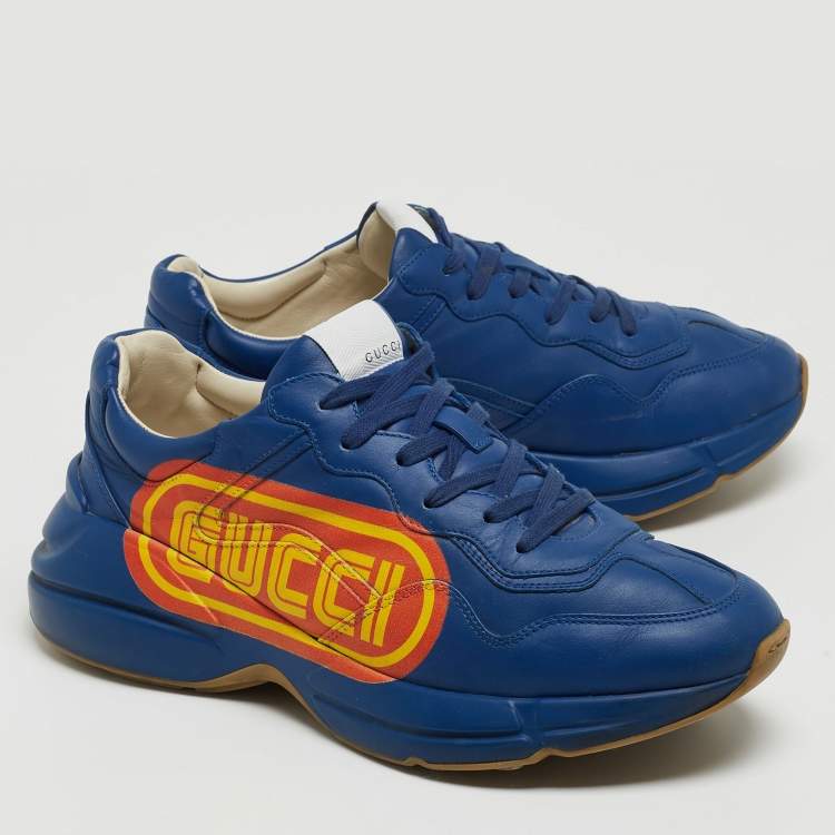 مملوكة مسبقًا Gucci Blue Leather Logo Rhyton Low-Top Sneakers Size 42