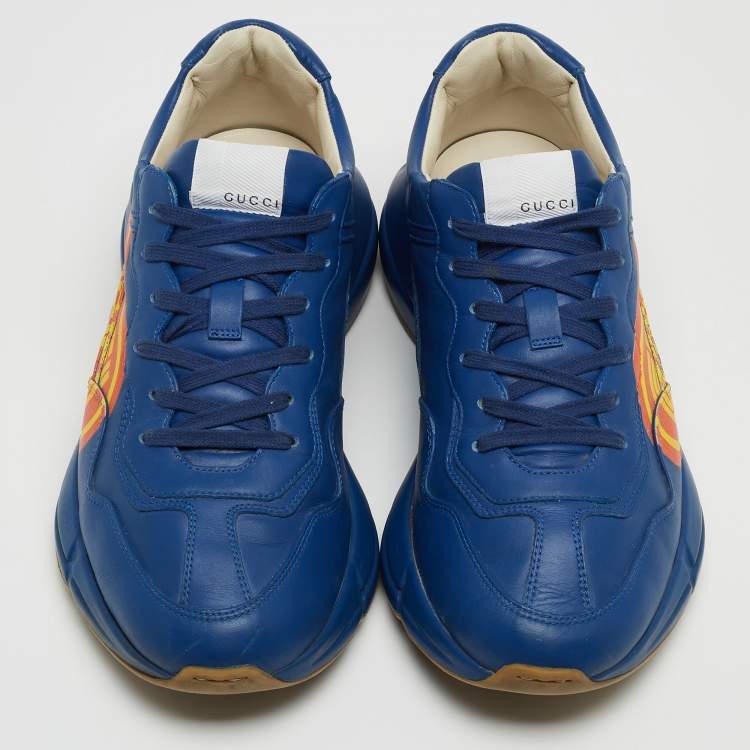 مملوكة مسبقًا Gucci Blue Leather Logo Rhyton Low-Top Sneakers Size 42