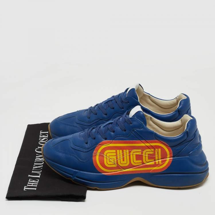 مملوكة مسبقًا Gucci Blue Leather Logo Rhyton Low-Top Sneakers Size 42