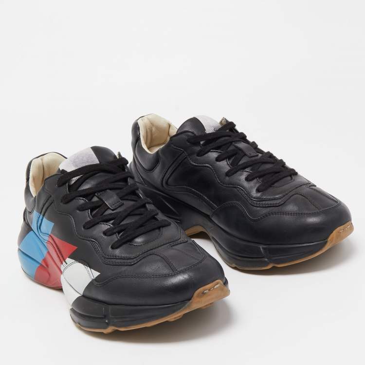 Pre Owned Gucci Black Leather Rhyton Web Print Sneakers Size 42.5 