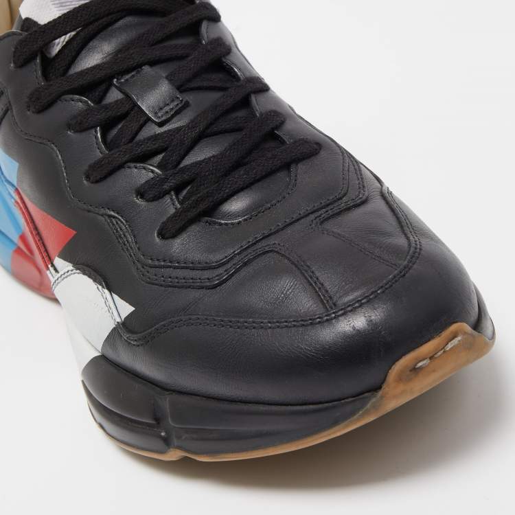 Pre Owned Gucci Black Leather Rhyton Web Print Sneakers Size 42.5 