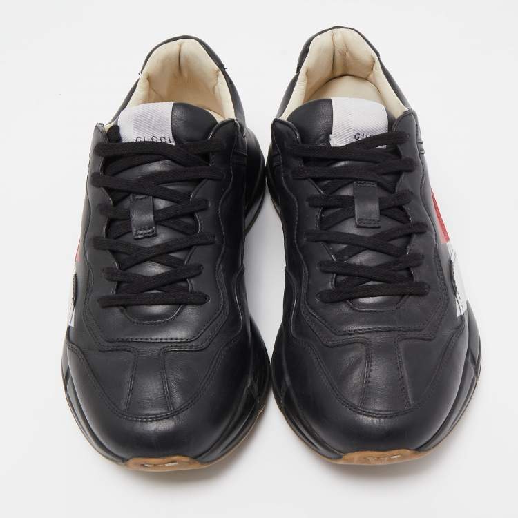 Pre Owned Gucci Black Leather Rhyton Web Print Sneakers Size 42.5 