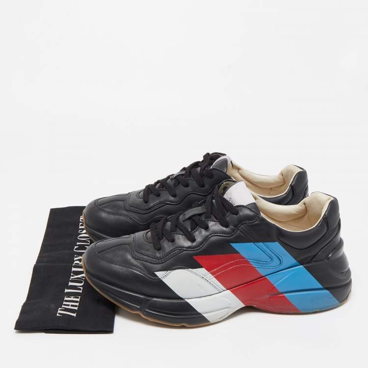 Pre Owned Gucci Black Leather Rhyton Web Print Sneakers Size 42.5 