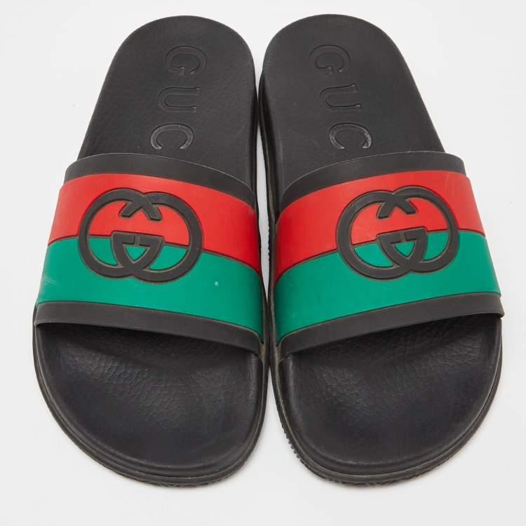 Pre Owned Gucci Multicolor Rubber Web Accent Rubber Slides Size 40