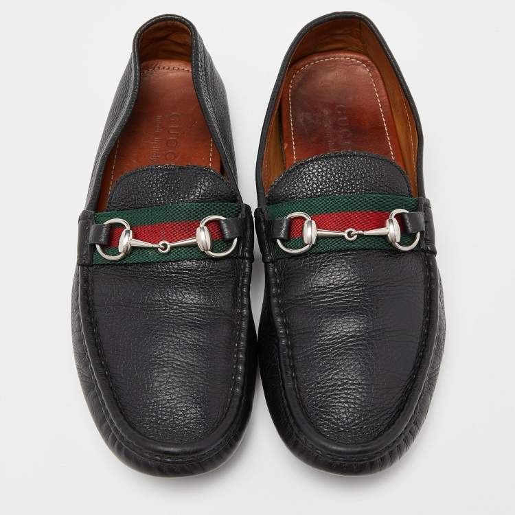 Pre Owned Gucci Black Leather Web Horsebit Loafers Size 44