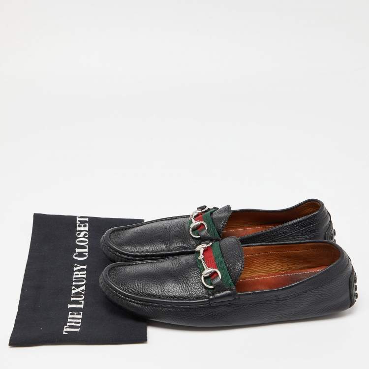 Pre Owned Gucci Black Leather Web Horsebit Loafers Size 44
