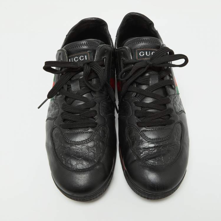 Pre Owned Gucci Black Leather Web Lace Up Sneakers Size 45.5