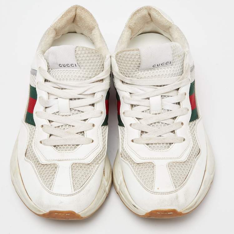 Pre Owned Gucci White/Red Leather and Mesh Rhyton Web Sneakers Size 38