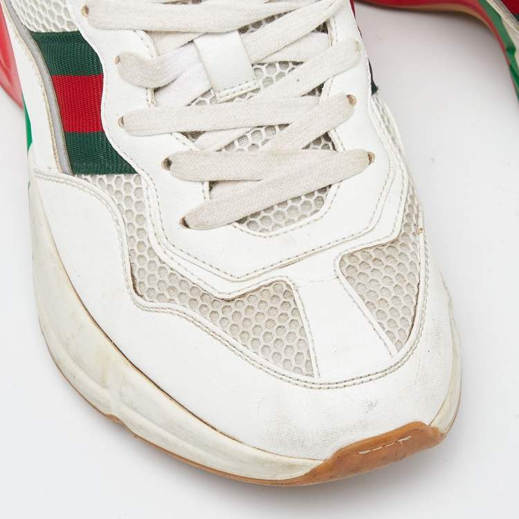 Pre Owned Gucci White/Red Leather and Mesh Rhyton Web Sneakers Size 38