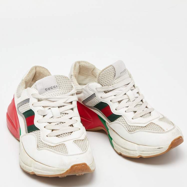 Pre Owned Gucci White/Red Leather and Mesh Rhyton Web Sneakers Size 38
