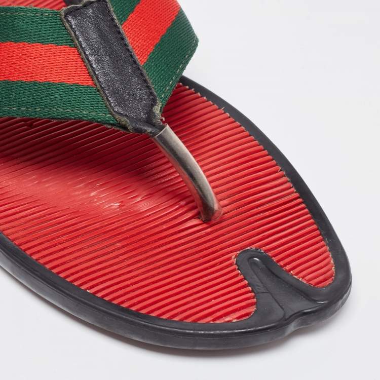 Pre Owned Gucci Red/Green Canvas Web Thong Slides Size 42