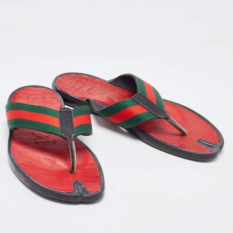 Pre Owned Gucci Red/Green Canvas Web Thong Slides Size 42