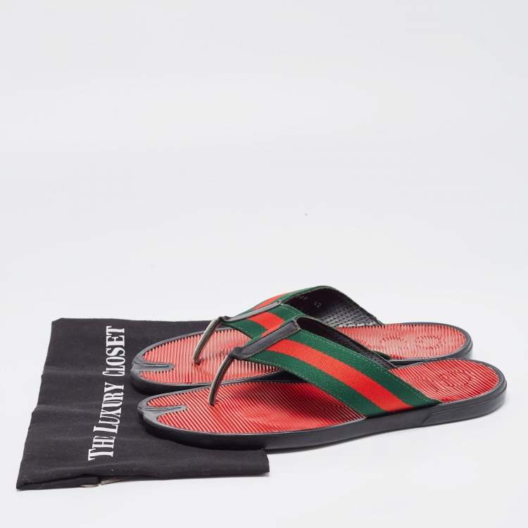 Pre Owned Gucci Red/Green Canvas Web Thong Slides Size 42