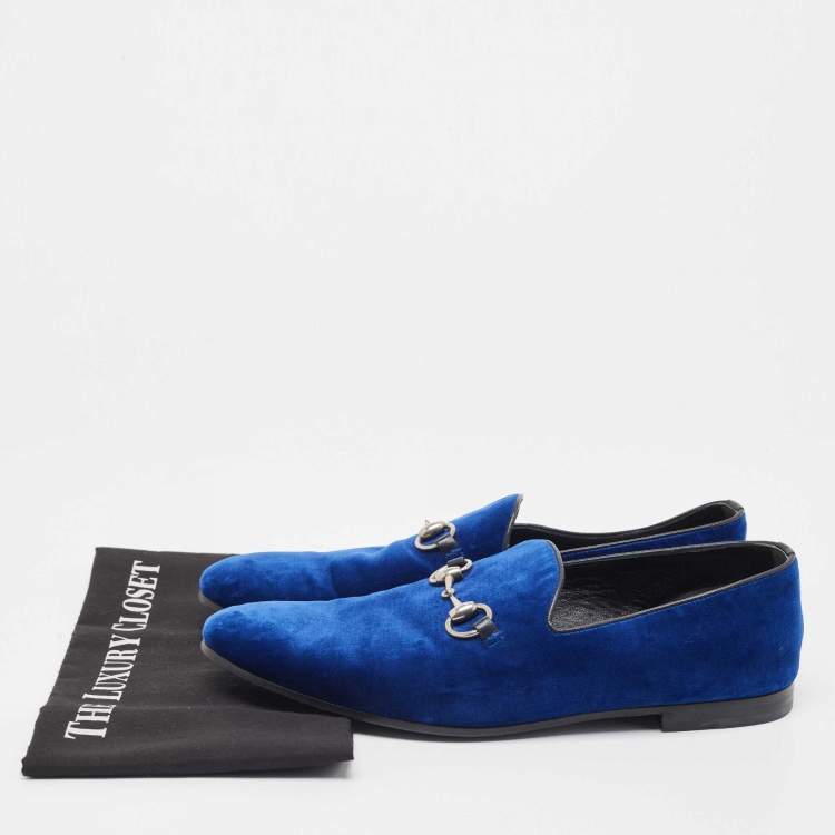 Pre Owned Gucci Blue Velvet Horsebit Slip On Loafers Size 42