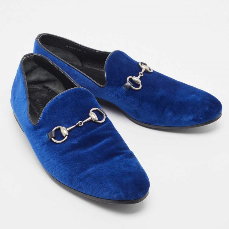 Pre Owned Gucci Blue Velvet Horsebit Slip On Loafers Size 42