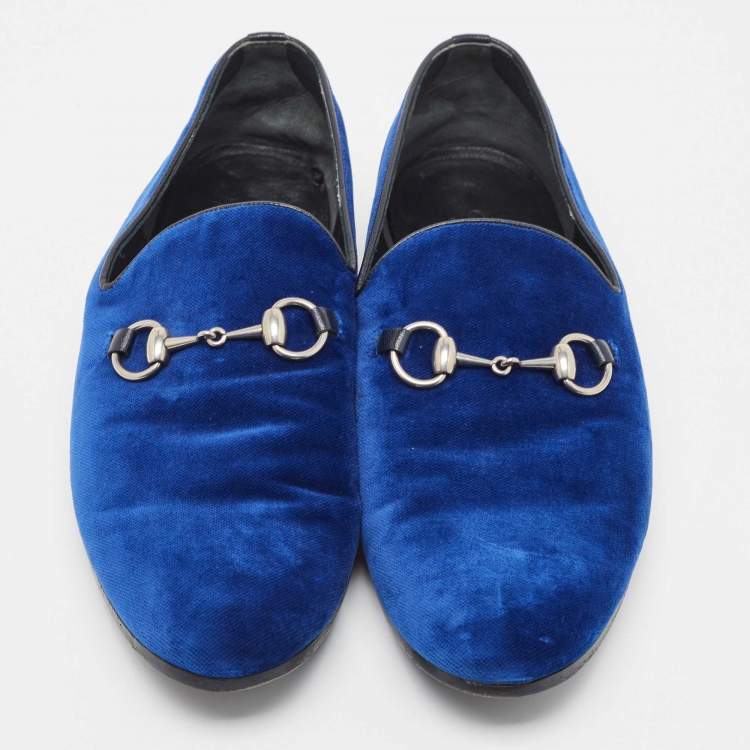Pre Owned Gucci Blue Velvet Horsebit Slip On Loafers Size 42