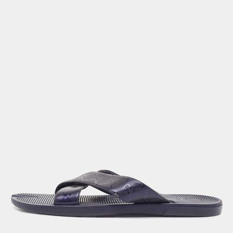 Pre Owned Gucci Blue GG Supreme Canvas Cross Strap Slides Size 44