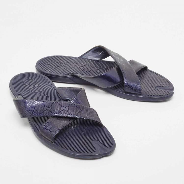 Pre Owned Gucci Blue GG Supreme Canvas Cross Strap Slides Size 44