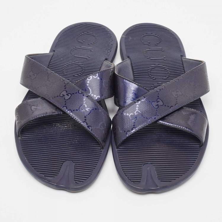 Pre Owned Gucci Blue GG Supreme Canvas Cross Strap Slides Size 44