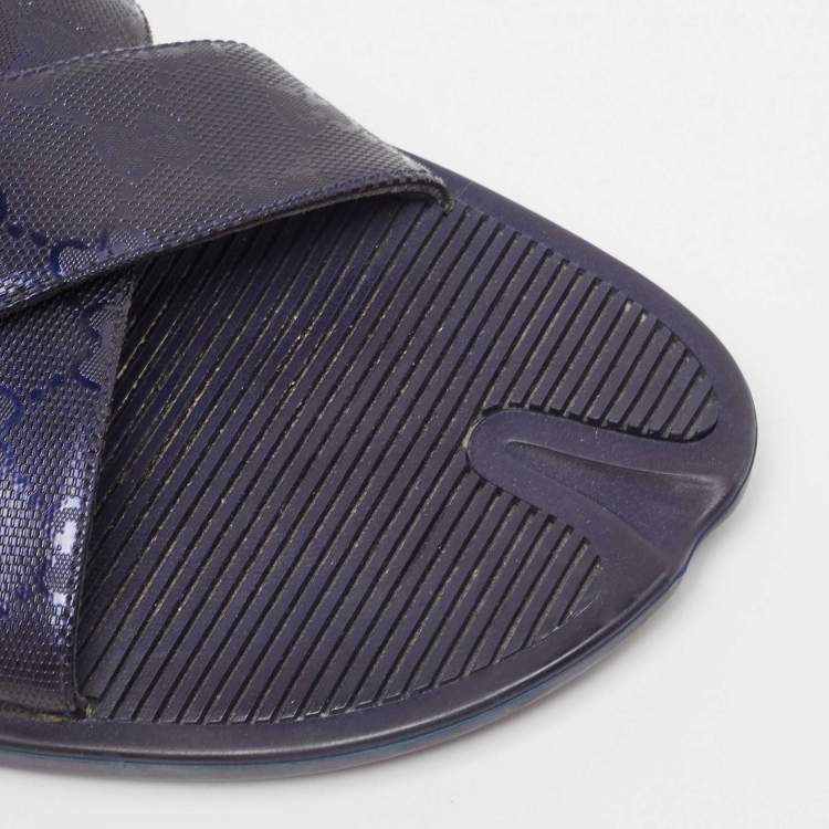 Pre Owned Gucci Blue GG Supreme Canvas Cross Strap Slides Size 44