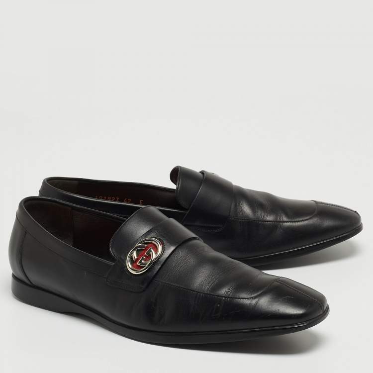Pre Owned Gucci Black Leather GG Slip On Loafers Size 42