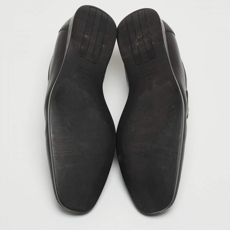 Pre Owned Gucci Black Leather GG Slip On Loafers Size 42