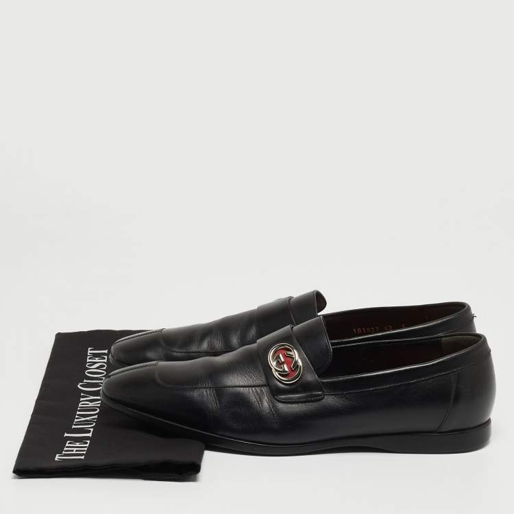Pre Owned Gucci Black Leather GG Slip On Loafers Size 42