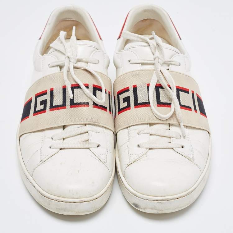 Pre Owned Gucci White Leather Logo Band Ace Sneakers Size 41.5 