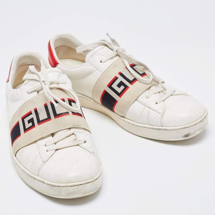 Pre Owned Gucci White Leather Logo Band Ace Sneakers Size 41.5 