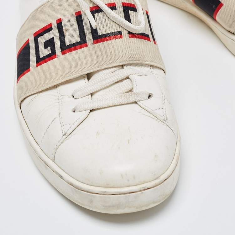 Pre Owned Gucci White Leather Logo Band Ace Sneakers Size 41.5 