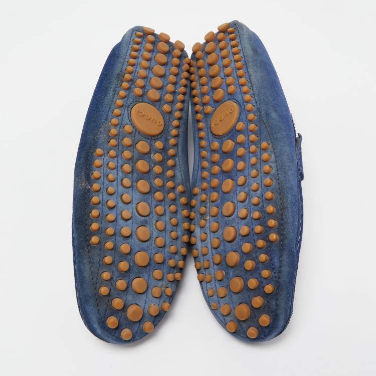 Pre Owned Gucci Blue Suede Web Slip On Loafers Size 42