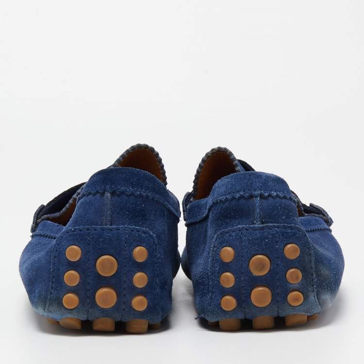 Pre Owned Gucci Blue Suede Web Slip On Loafers Size 42