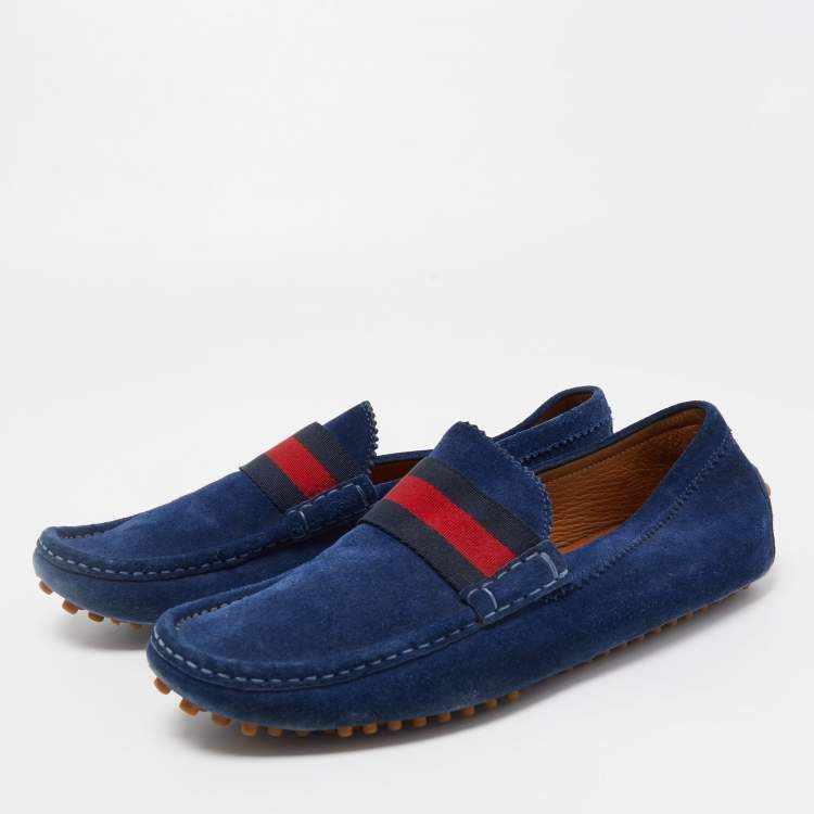 Pre Owned Gucci Blue Suede Web Slip On Loafers Size 42