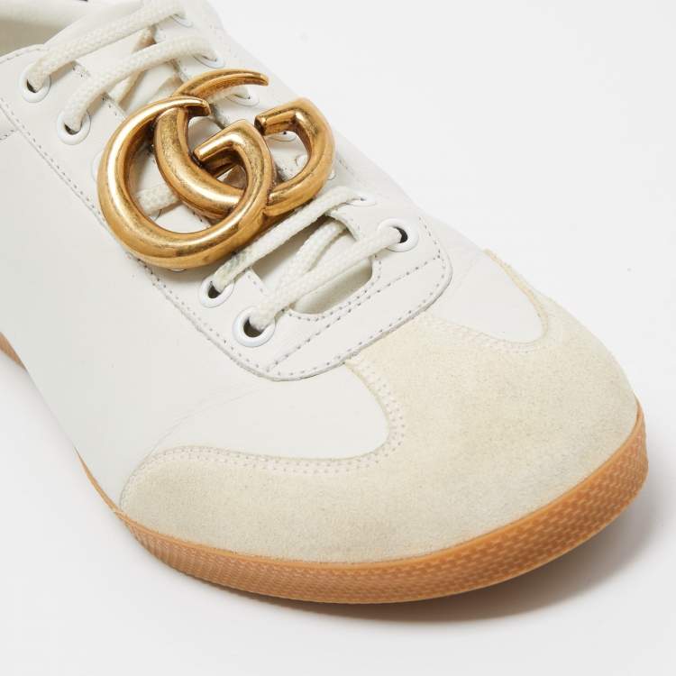 Pre Owned Gucci White Leather and Suede GG Lace Up Sneakers Size 41.5  