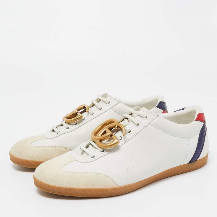 Pre Owned Gucci White Leather and Suede GG Lace Up Sneakers Size 41.5  