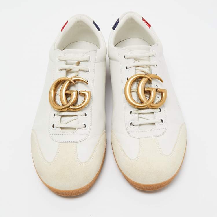 Pre Owned Gucci White Leather and Suede GG Lace Up Sneakers Size 41.5  
